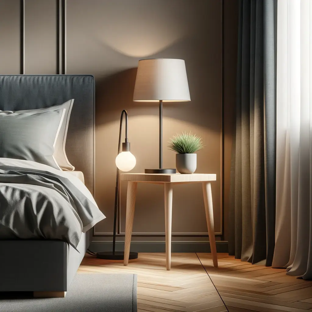 A modern bedroom featuring a small side table styled with a minimalist lamp and a small plant standing proudly next to a bed.
