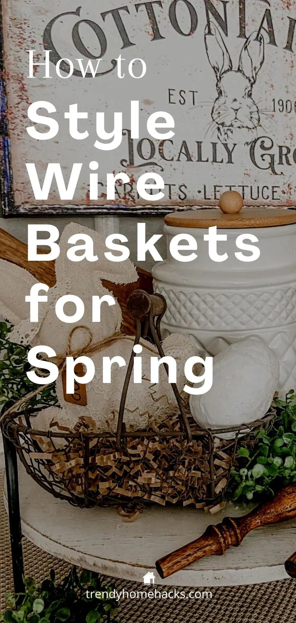 a pinterest pin with a background image of a wire basket and other decor items with the overlay texts "How to Style Wire Baskets for Spring".