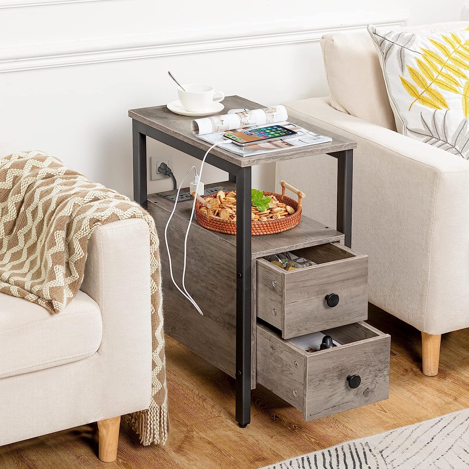 who would not benefit from a modern farmhouse multi-functional end table that comes with a built-in charging station with USD ports and power outlets.