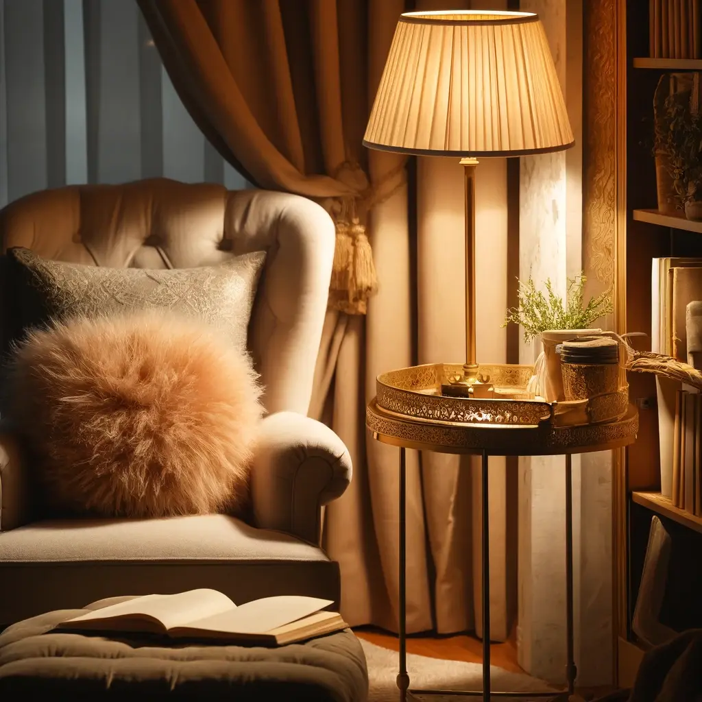 A cozy reading nook with a small side table nestled beside a plush, comfortable reading chair, adorned with a reading lamp and a few books.