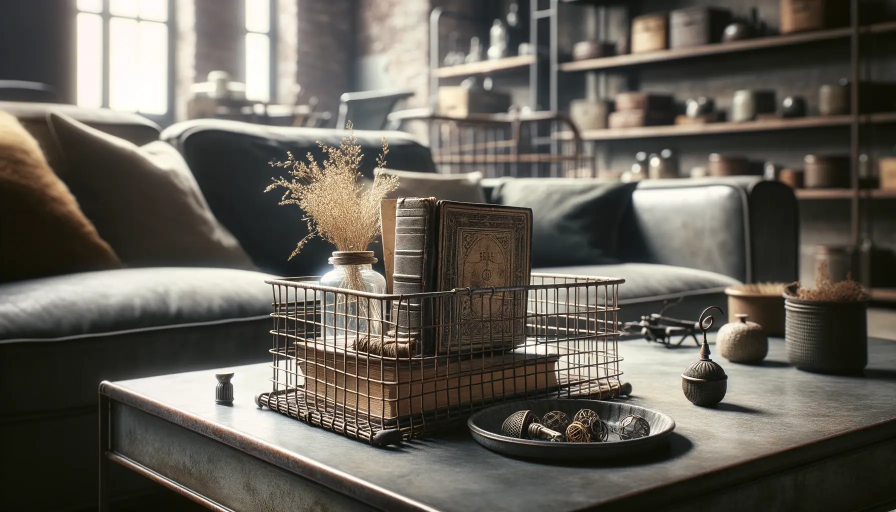 a wire basket styled with personal belonging such as vintage books can add charm and personality to an industrial style interior such as this living room coffee table.