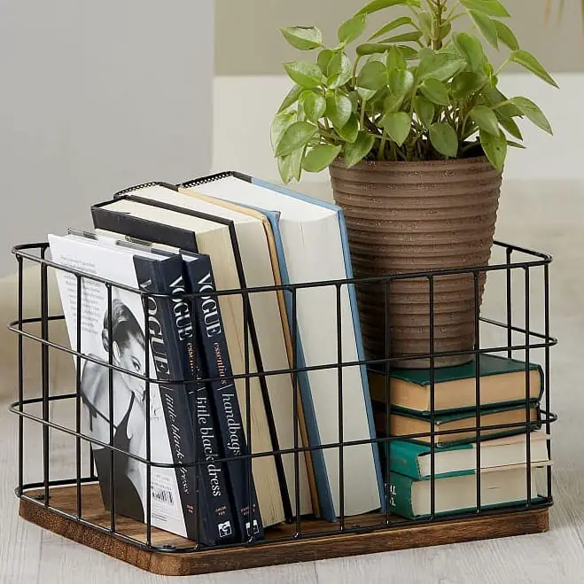 a wire basket is great for storing books and other items.