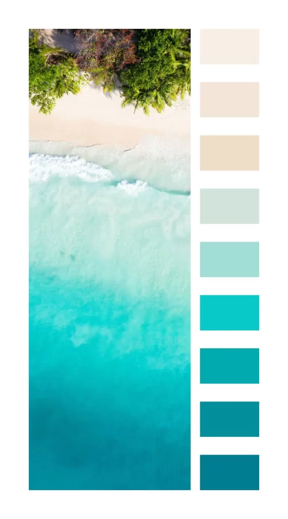 selecting a beach color palette for your home interior is often inspired by the essential colors of the beach such as ranges of blues, beiges, whites, and greens.