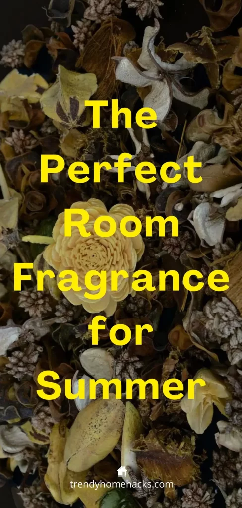 a pinterest pin with a pot pourri background image and overlay text stating 'The perfect room fragrance for summer'.