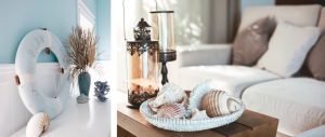 ideas to gather inspiration for a beach-inspired home decor color palette and materials include looking at elements from the beach such as seashells and lifebuoy.
