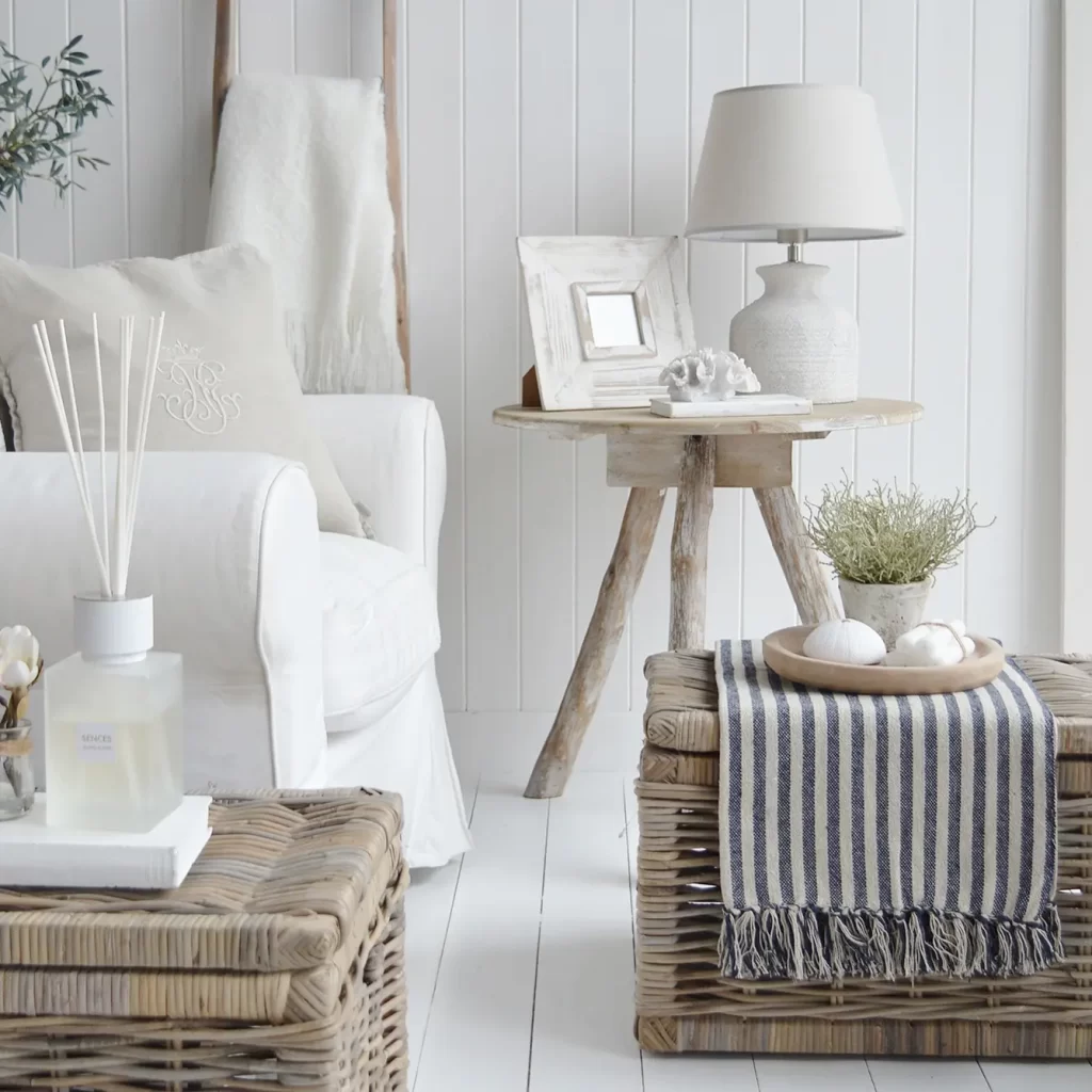 beach decor is a relaxed style that can be achieved by using distressed wood furniture and beach-inspired accents like seashells to style a living space.