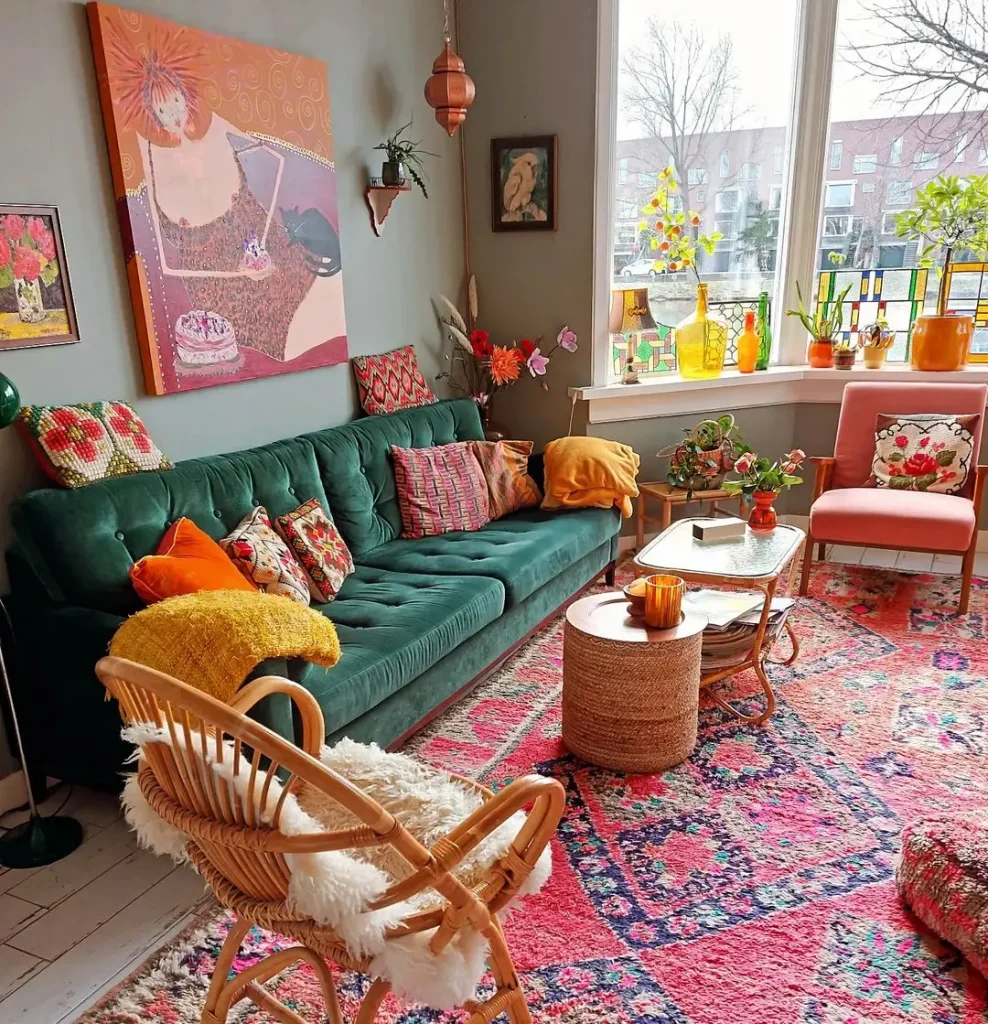 A vibrant living room showcases How To Achieve Funky Bohemian Living Room Décor with a green velvet sofa adorned with colorful cushions, a wicker chair, a pink armchair, and a large patterned rug. The space is lively with artwork, plants, and various knick-knacks adding to the eclectic charm.