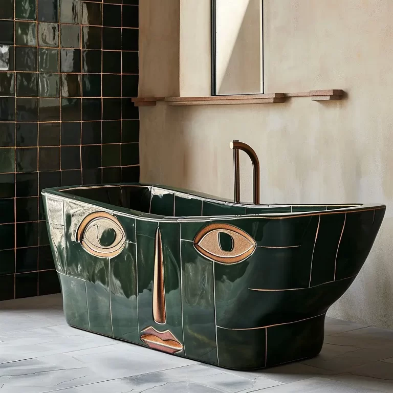 an eclectic dark green bathtub with carved out eyes, mouth, and nose of a human face on the side of it adds a welcoming vibe while instilling a strong funky decor element to this bathroom.