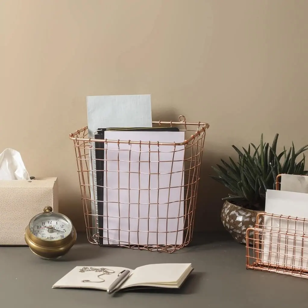 wire baskets are so versatile that they can easily find their use in the home office to hold notebooks, office supplies, and  stationaries.