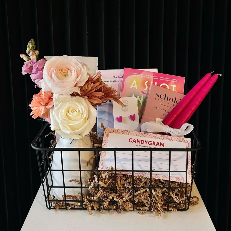 wire basket is a versatile accessory that is also sturdy enough to hold a lot of items as in this case a valentines gift basket filled with personalized gifts.