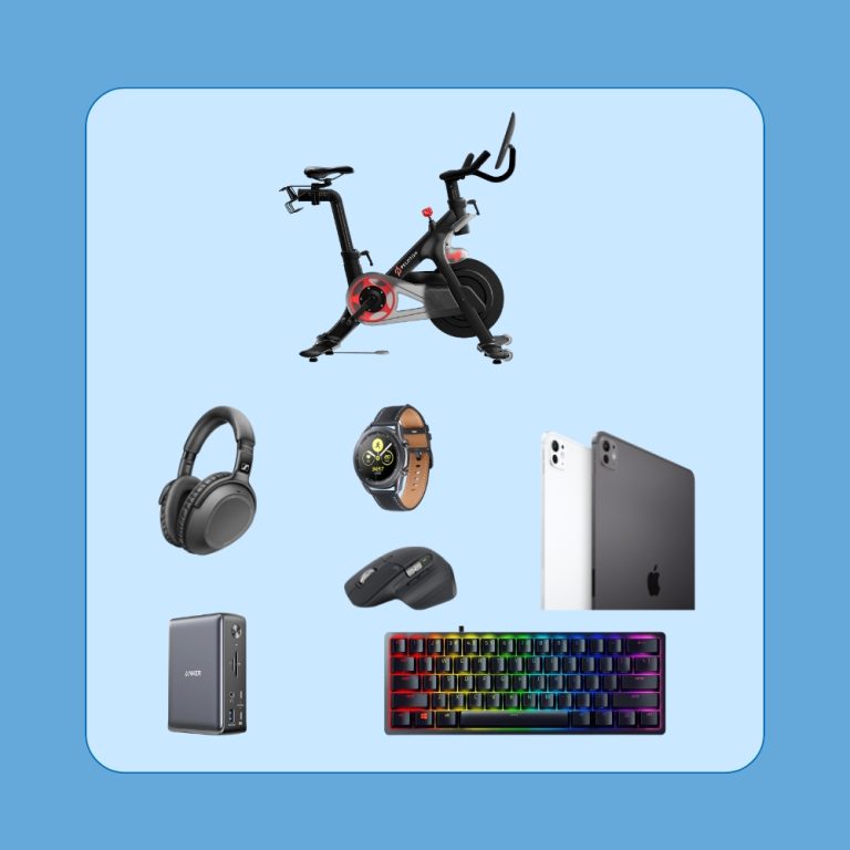 A collage of various tech gadgets including a stationary bike, headphones, smartwatch, iPad, power bank, mouse, and a backlit keyboard against a light blue background. Perfect for Father’s Day 2024: Top Tech Gifts for Dad.