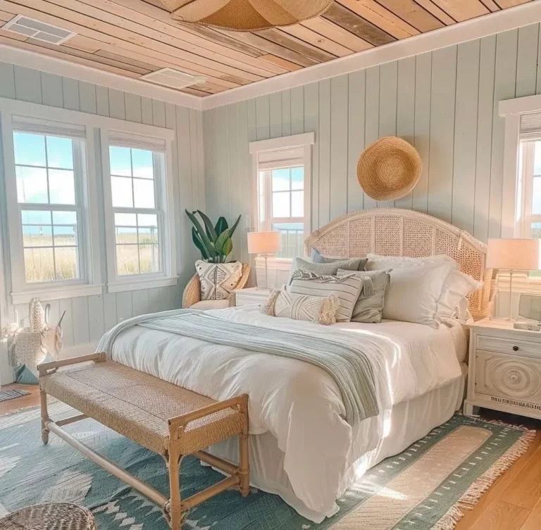 A cozy bedroom with light wooden ceiling, white walls, large windows, a bed with white bedding, a wicker headboard, and a bench at the foot. For tips on how to decorate a beach-themed bedroom on a budget, look to the bedside tables adorned with lamps and decorative plants for inspiration.