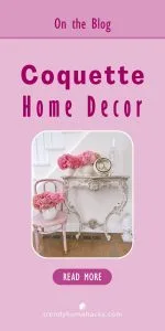 Looking to create a romantic and elegant home? Discover Coquette Home Decor. Featuring a white ornate table with pink flowers, decorative items including a clock and books, complemented by a white chair holding a pink flower basket—your perfect touch of charm.