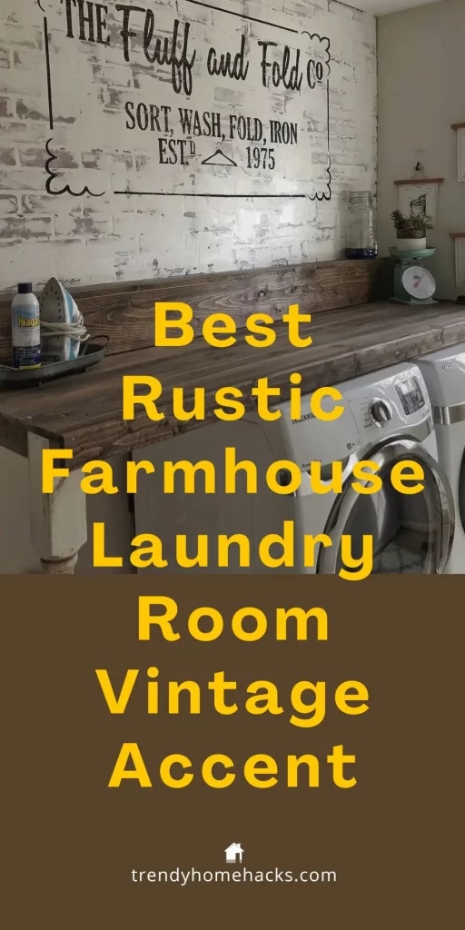 a tall pin image with text overlay 'Best Rustic Farmhouse Laundry Room Vintage Accent' ready to share this post on Pinterest for later.