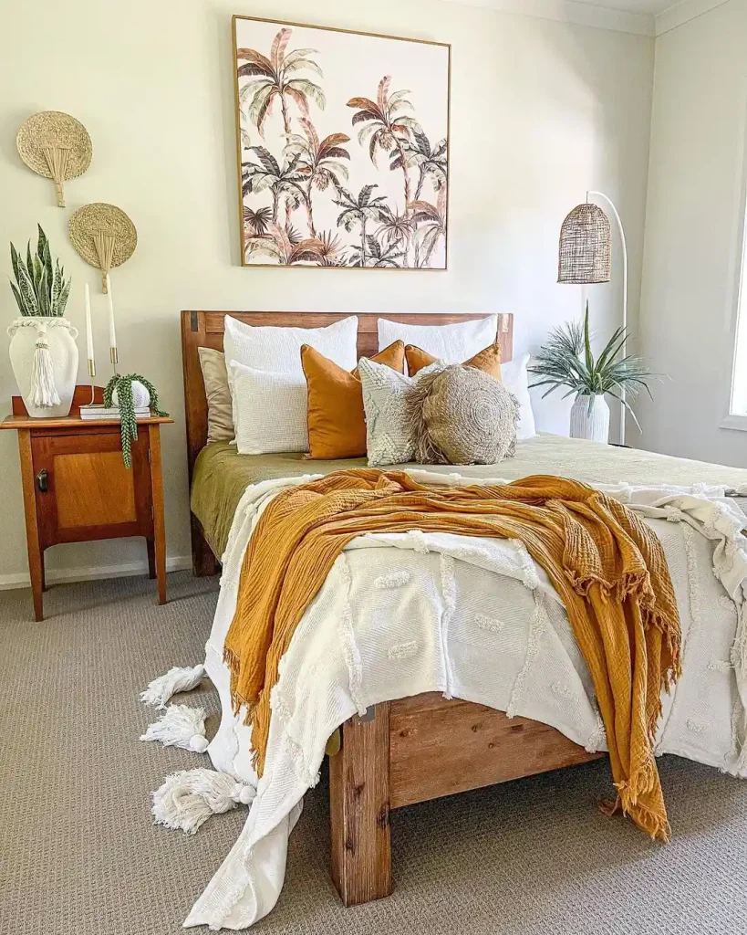 A cozy bedroom with a wooden bed, adorned with white and mustard bedding, a nightstand with plants, and tropical-themed wall art. The coastal and Bohemian decor is completed by a wicker lamp, additional greenery, and woven pieces for the perfect bedroom look.