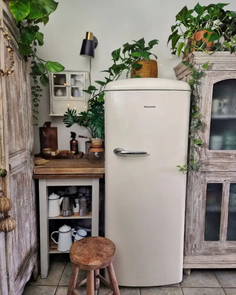 modern appliance such as a fridge can seamlessly be integrated into a country-style kitchen and provides a great mix of both the charm of the old with cottage decor and the new with modern technology.