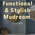 A built-in blue mudroom bench with baskets, hooks for hats and bags, a round mirror, and cubby storage—discover ideas in Your Ultimate Functional and Stylish Mudroom Guide.