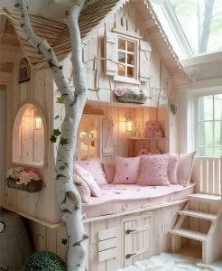 Wooden indoor playhouse bed with a pitched roof, pink cushions, built-in shelves, steps, and a decorative birch tree—this bright setup by large windows is the perfect inspiration for How to Create a Whimsical Pink Bedroom Your Kids Will Love.