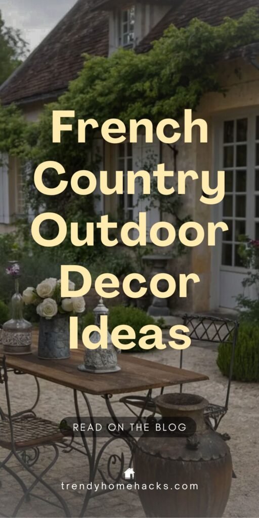 Pinterest pin displaying a rustic outdoor patio with a wooden table, metal chairs, and floral arrangements in front of a house covered in greenery. Style your outdoor space with French country charm. Text overlay reads: "French Country Outdoor Decor Ideas.