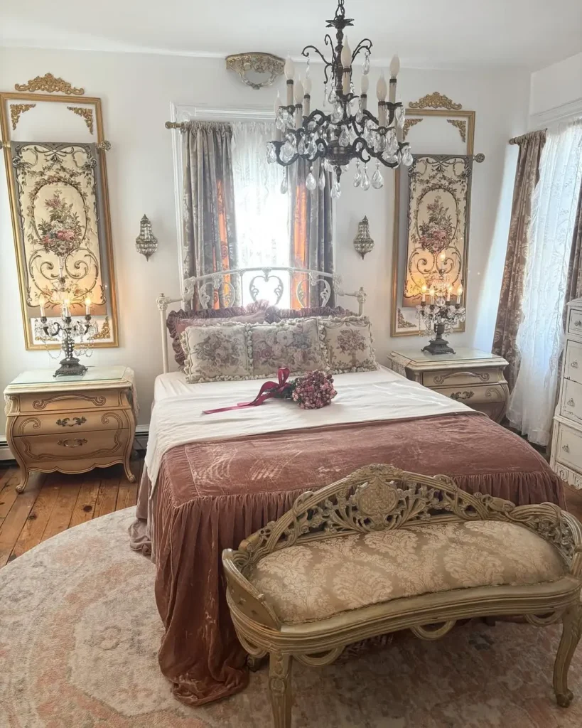 coquette french-styled master bedroom with vintage furniture, wall decor, and laced window curtains elegantly complete this bedroom setting
