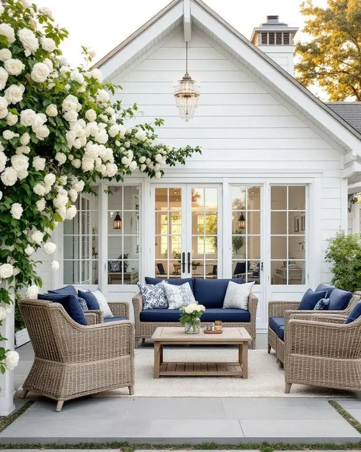 coastal-inspired patio decor can easily be achieved with the right furniture such as wicker chairs and styled with dark blue and white coastal-patterned throw pillows