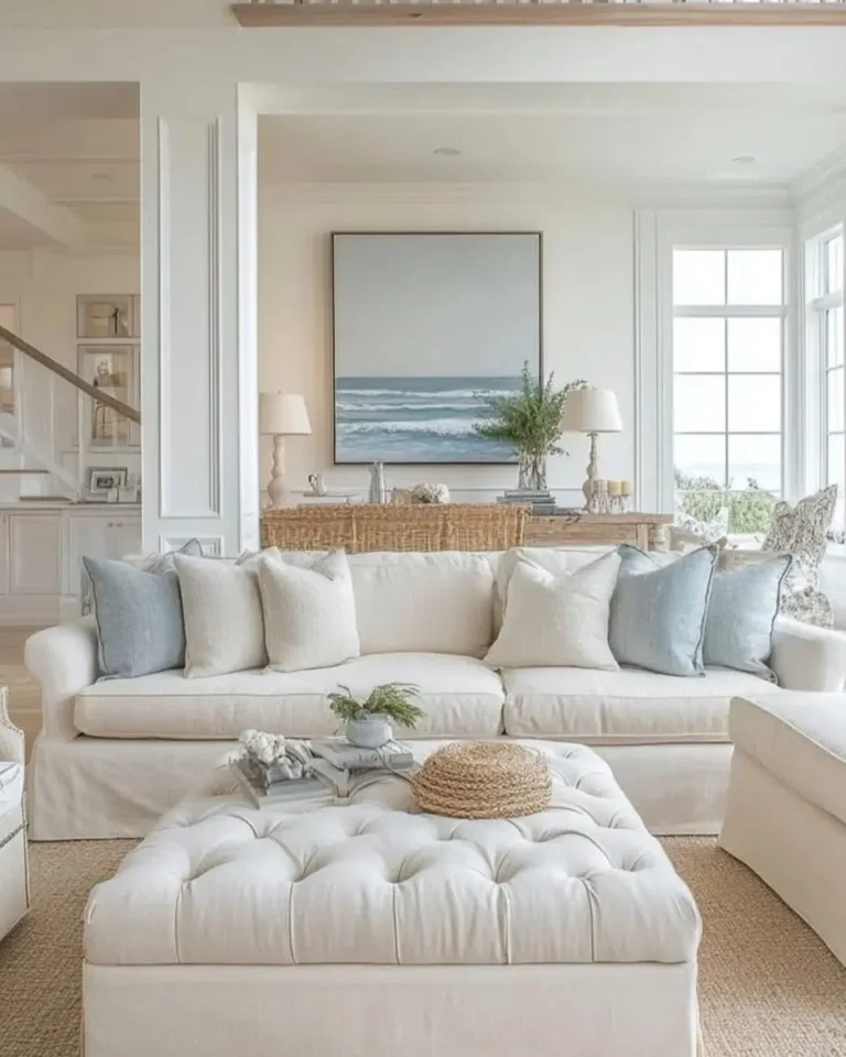 A bright living room with a white sofa, light blue and cream pillows, a tufted ottoman, and coastal decor illustrates how adding coastal decor to every room creates a serene vibe, highlighted by a large ocean painting on the wall.