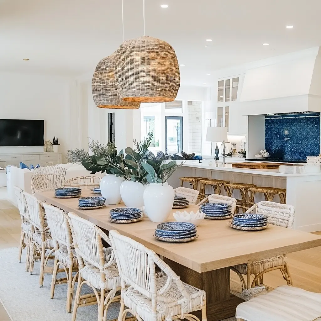 A modern dining room with a wooden table, wicker chairs, blue and white dishware, large vases with greenery, and woven pendant lights. An open kitchen completes this breezy, coastal-inspired space.