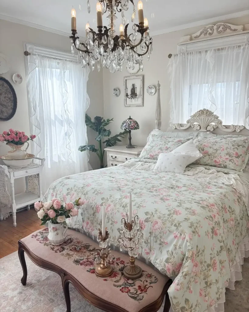 coquette bedroom decor can be achieved with a soft color palette, some carefully chosen vintage furniture and decor elements for a romantic feel and a calm interior as in this example
