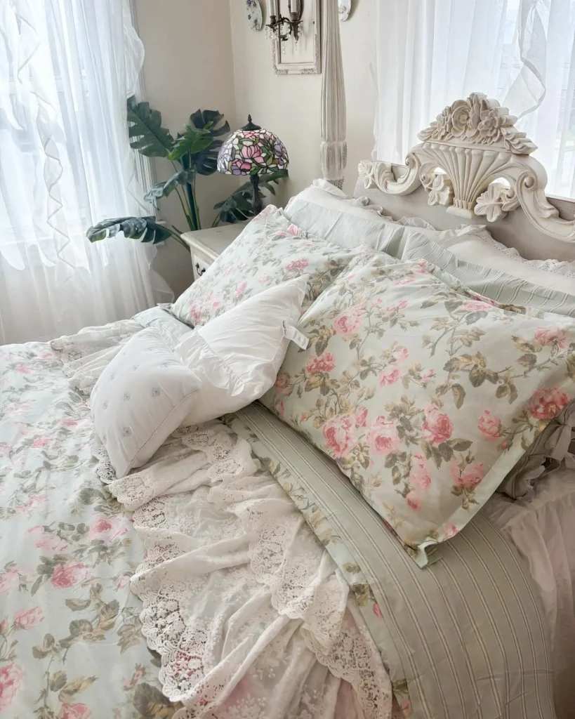 adding decorative accents such as floral beddings and a vintage-inspired headboard bed goes a long way in creating a coquette bedroom interior like in this example