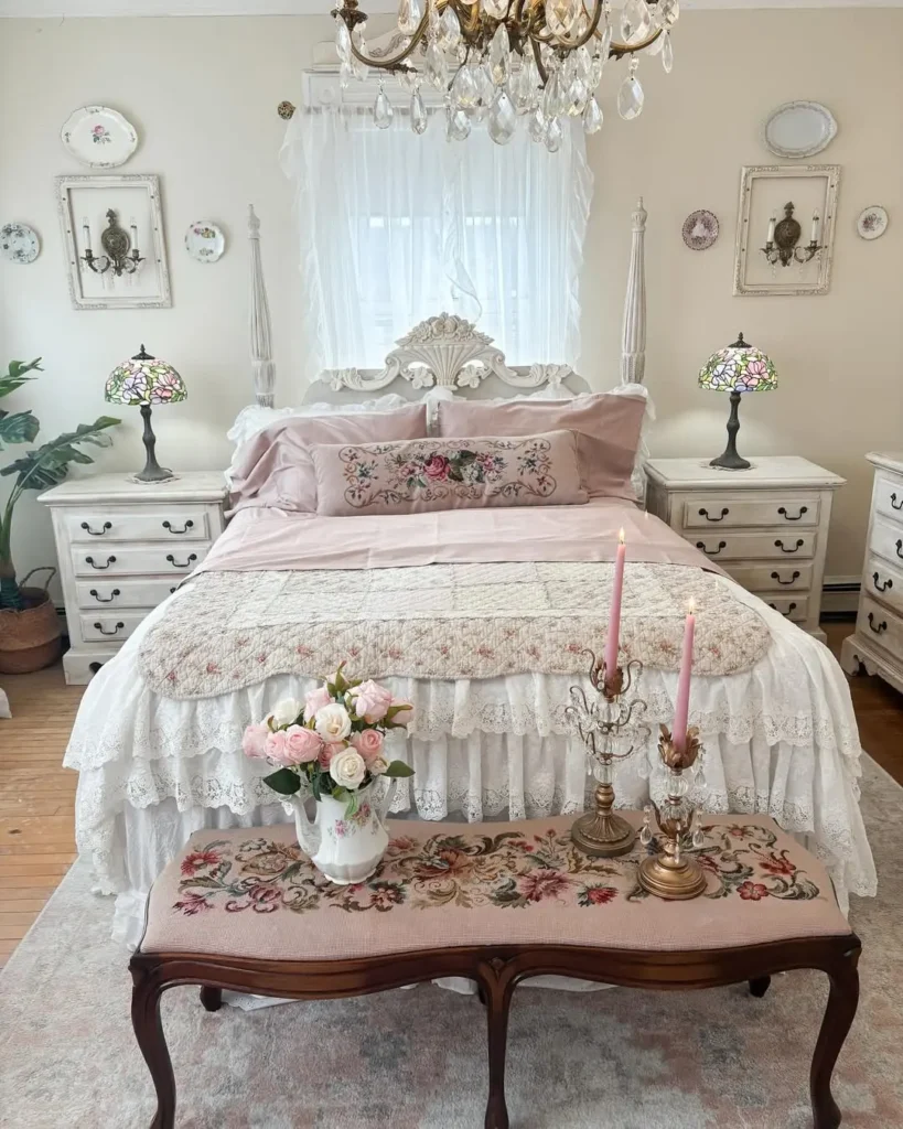 romantic bedroom decor with floral motif bedding including a floral-patterned upholstered bench at the end of the bed
