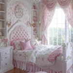 pink and cream color scheme used in this bedroom decor accentuated with feminine accessories are some elements that make this coquette-style bedroom warm and girly