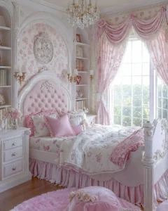 pink and cream color scheme used in this bedroom decor accentuated with feminine accessories are some elements that make this coquette-style bedroom warm and girly