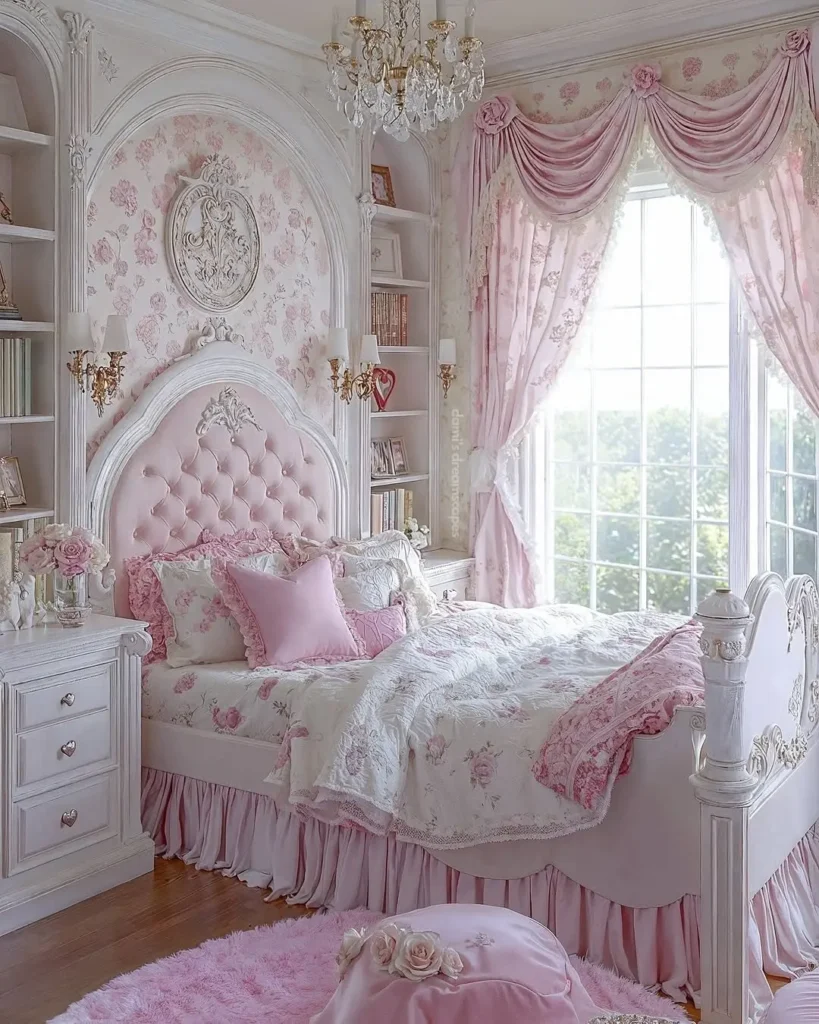 pink and cream color scheme used in this bedroom decor accentuated with feminine accessories are some elements that make this coquette-style bedroom warm and girly