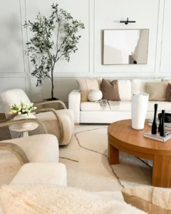earthy color palette and modern furniture make this organic modern living room comfortable and inviting