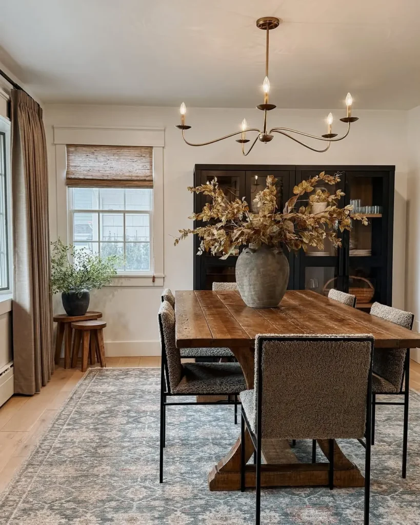 the earthy colors and plants selection in this dining room along with wooden furniture and modern minimalist lighting contribute to creating a beautiful organic modern space to dine in and connect with people
