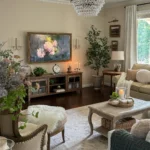 french country inspired living room with a careful selection of rustic furniture and minimal wall decor creates a rustic modern feel to this space