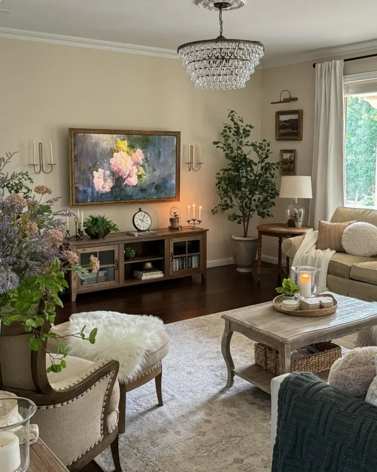 french country inspired living room with a careful selection of rustic furniture and minimal wall decor creates a rustic modern feel to this space