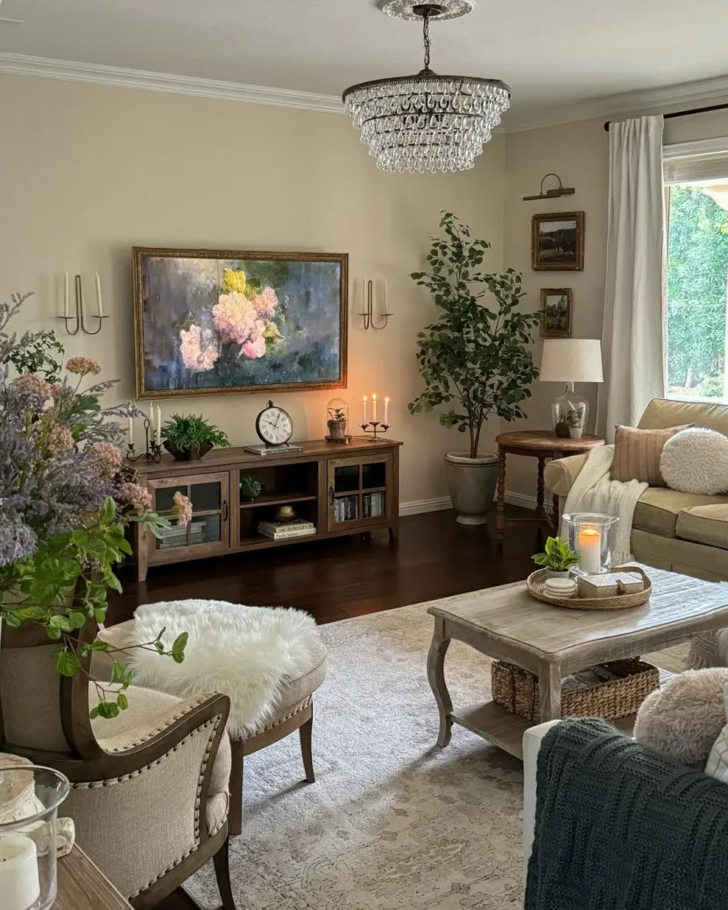 french country inspired living room with a careful selection of rustic furniture and minimal wall decor creates a rustic modern feel to this space