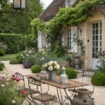 A rustic outdoor table with chairs, vases, and flowers is set in a garden beside a cottage with ivy-covered walls and shuttered windows—perfect to style your outdoor space with French country charm.