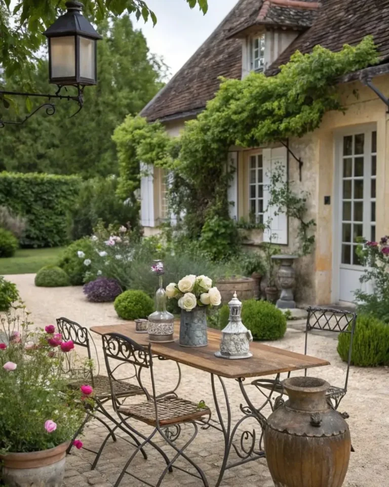 A rustic outdoor table with chairs, vases, and flowers is set in a garden beside a cottage with ivy-covered walls and shuttered windows—perfect to style your outdoor space with French country charm.
