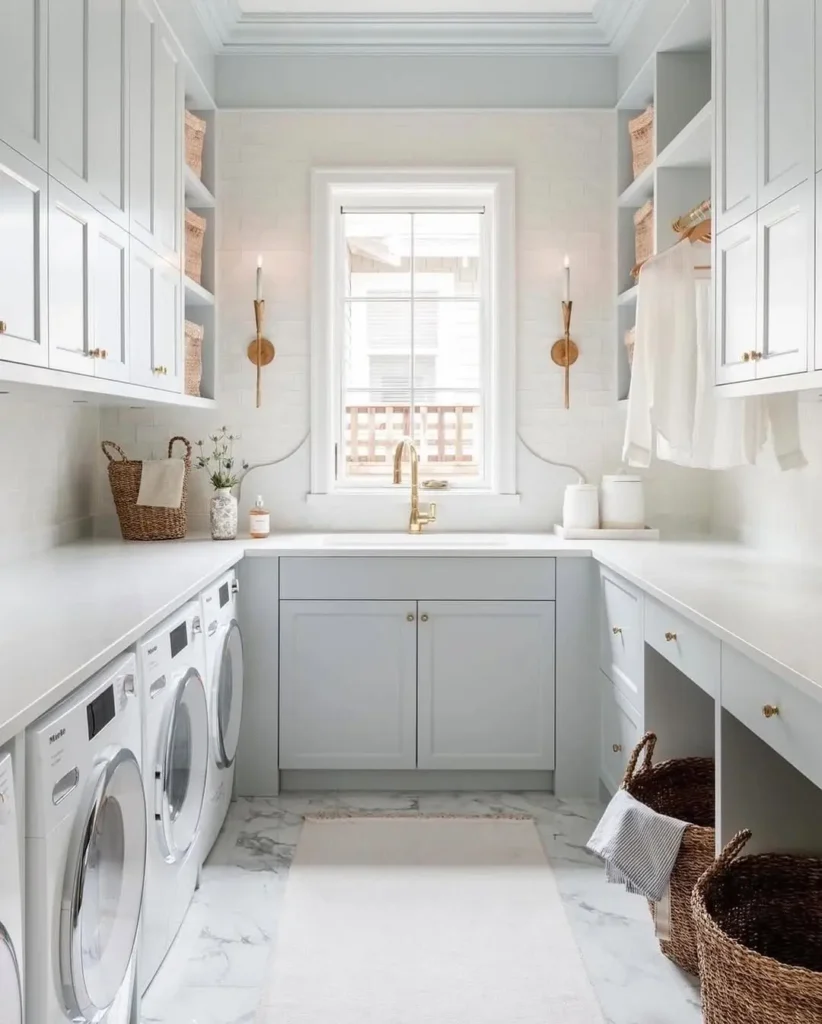 a beautiful laundry room with a u-shaped cabinets in light color and a window on one wall with lots of natural light