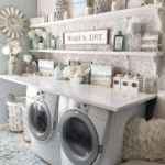 a laundry room with countertop and coastal inspired decor elements such as wall art, jars, and florals