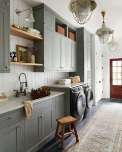 a modern farmhouse laundry room with generous light green wall cabinets, shiplap walls, and some open shelving to complete the design