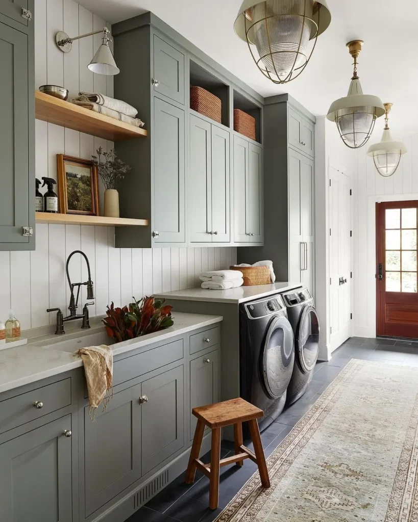 a modern farmhouse laundry room with generous light green wall cabinets, shiplap walls, and some open shelving to complete the design