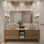 Organic Modern Bathroom featuring double stone sinks, wood vanity, wall-mounted faucets, large mirror, and a stone accent wall; rolled towels and decor are neatly arranged on open shelves below.