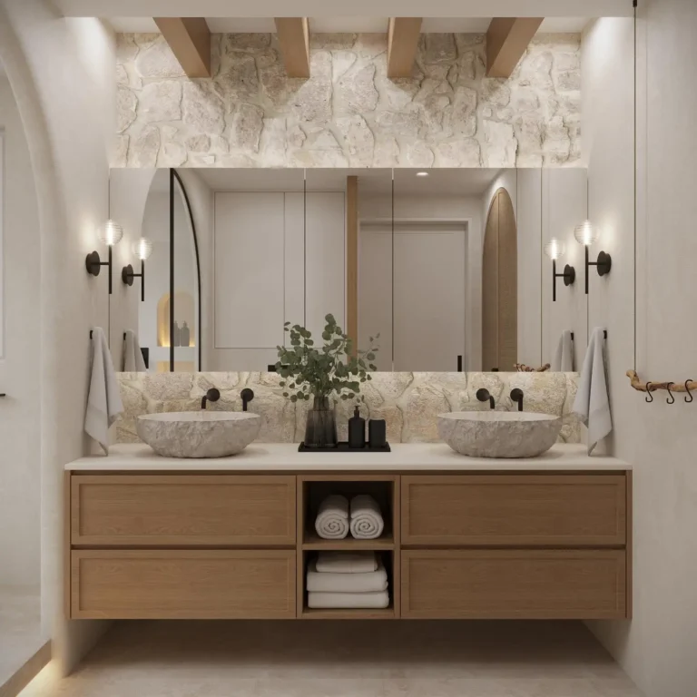 Organic Modern Bathroom featuring double stone sinks, wood vanity, wall-mounted faucets, large mirror, and a stone accent wall; rolled towels and decor are neatly arranged on open shelves below.