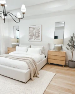 furniture with clean lines and a neutral color palette accented with wooden nightstands are primary organic modern elements that make this bedroom feel airy and calm