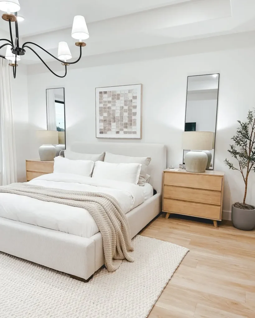 furniture with clean lines and a neutral color palette accented with wooden nightstands are primary organic modern elements that make this bedroom feel airy and calm