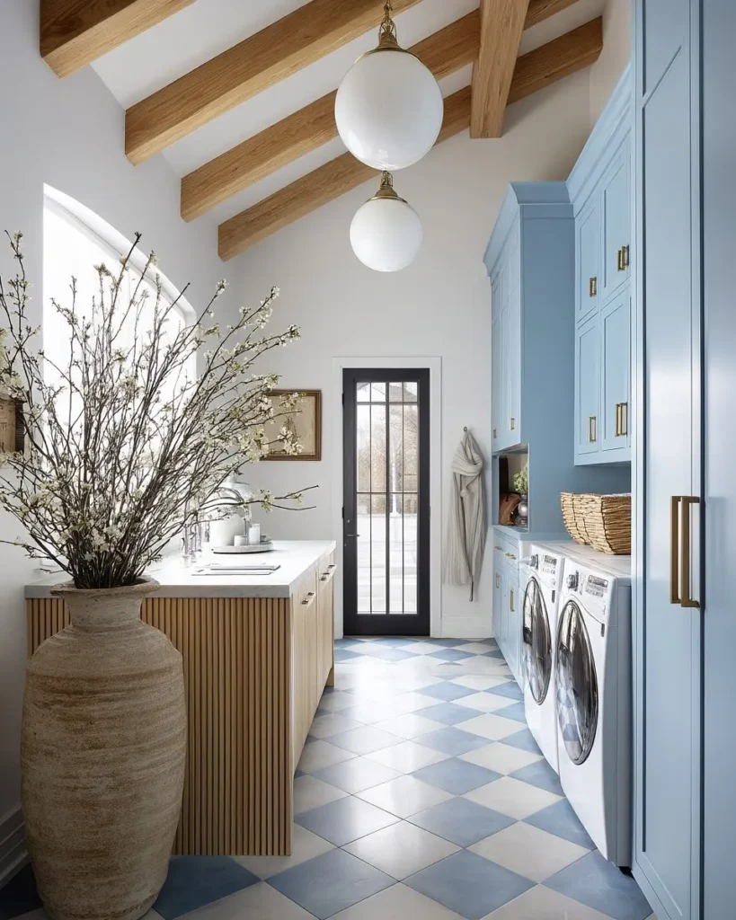 spacious with clean lines and simple design, this sleek and stylish modern laundry room showcases light blue cabinets with gold hardware