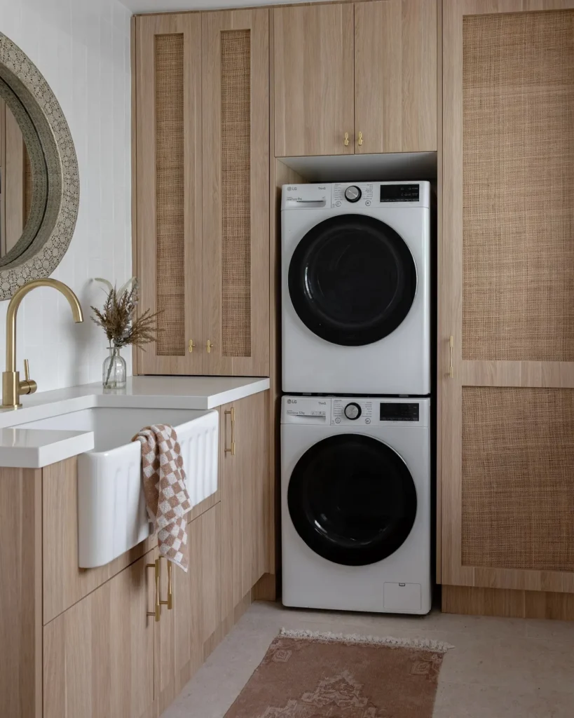 a laundry room that uses every inch with stacked appliances, ample wall cabinet along with a laundry sink make this space a pleasure to do laundry in